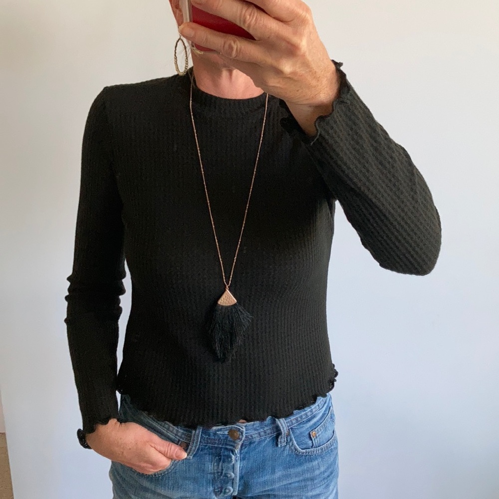 Black Cropped, Waffle Knit Top - Picture 1 of 11
